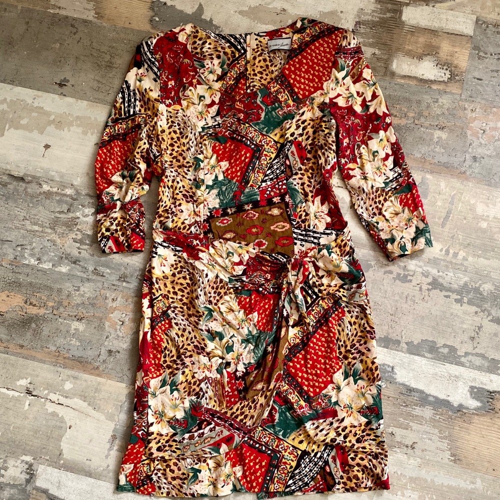 Vintage faux wrap animal print secretary dress